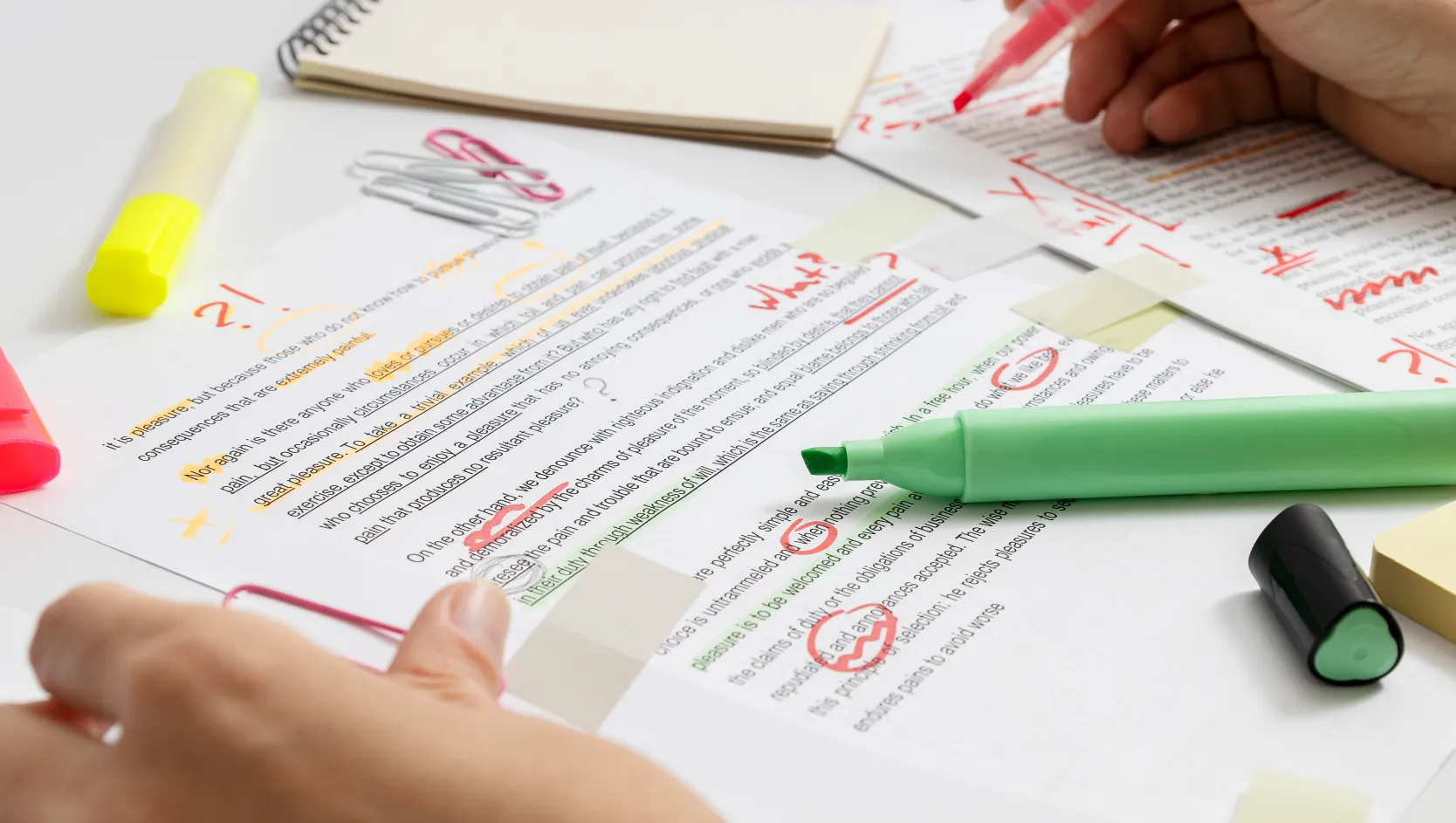 Two people reviewing and annotating a legal document