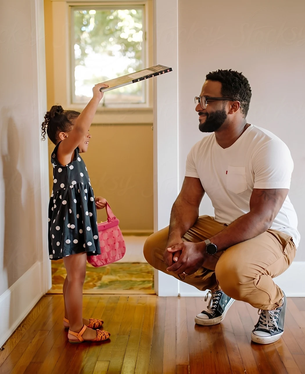 A father kneeling on a hardwood floor inside a house, smiling warmly at his young daughter who is holding a book over her head.
